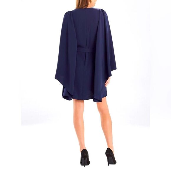 Natori Elegant Navy Blue Crepe Cape Dress Size Large Modest Classic Style - Picture 2 of 8